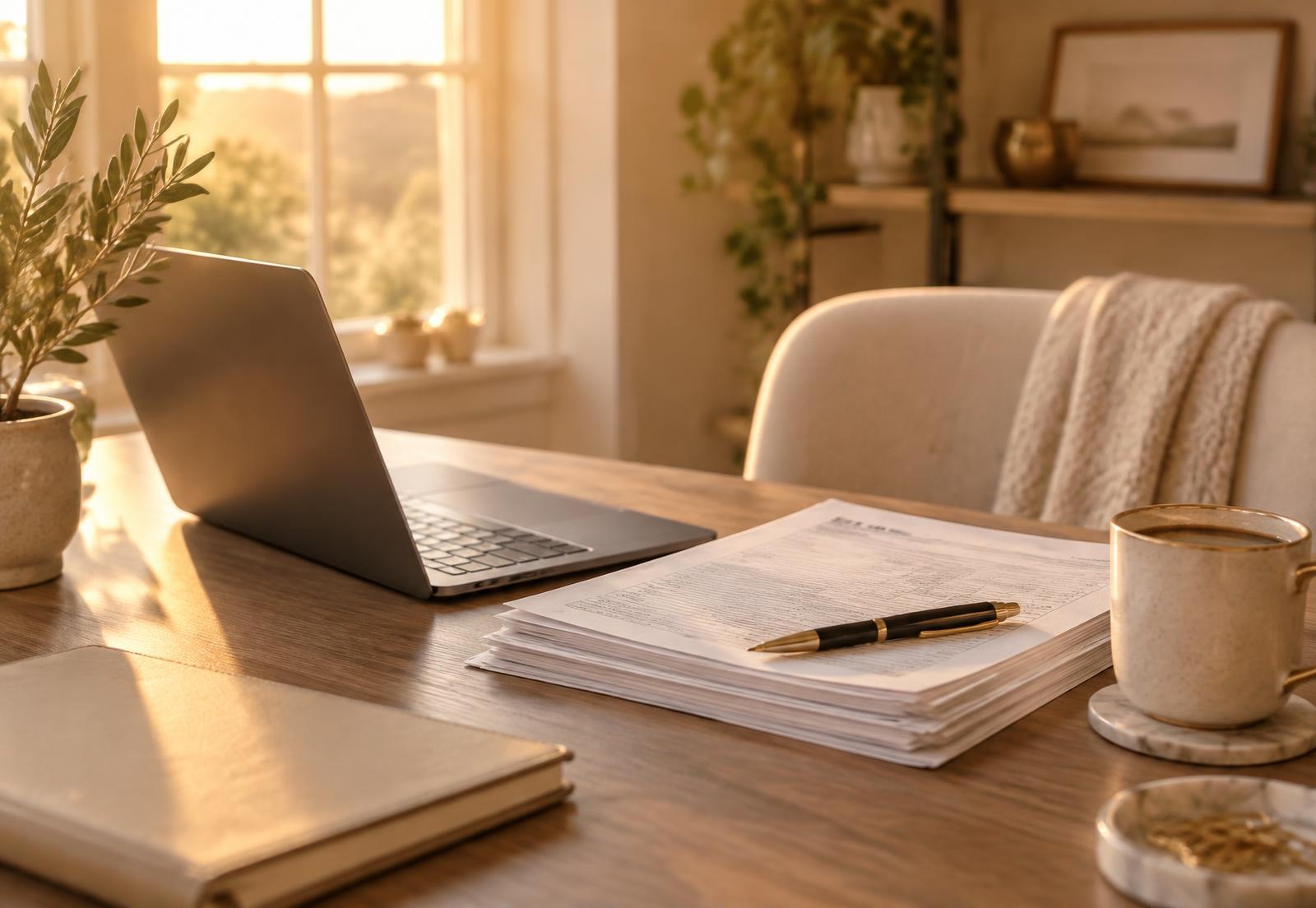 A quiet home office desk with tax paperwork, a laptop and a cup of coffee in warm afternoon light